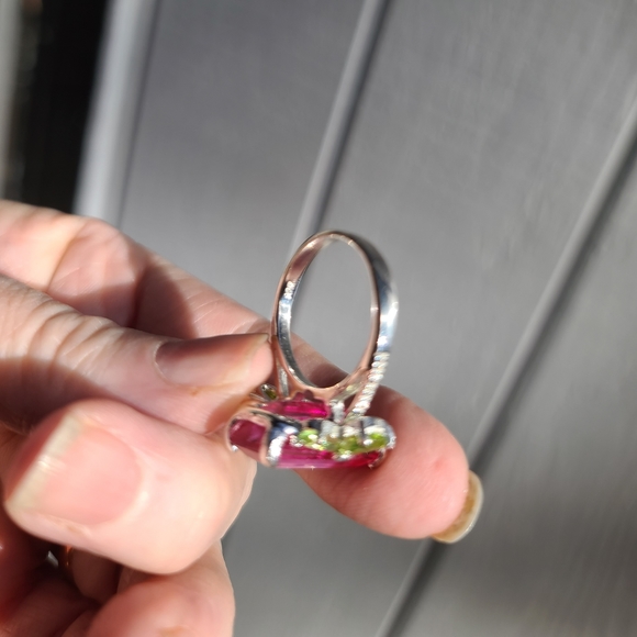 Pink Topaz massive 8k emerald cut with pear shape Peridot sterling ring sz 8 - Picture 4 of 17